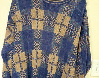 Vintage Tony Lambert 80s Abstract Sweater L |Made in USA Chunky Knit Cosby Style