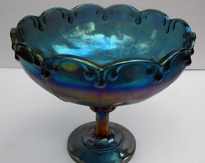 Vintage Blue Carnival Glass Fruit Pedestal Bowl Footed Compote Etsy