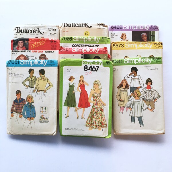 Lot of 10 Vintage Sewing Patterns Various Sizes 60s 70s Dresses Blouses Jackets Pants Pantsuits Skirts Vests