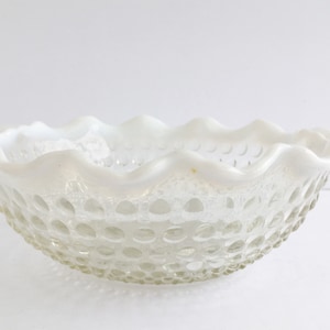 1940s Moonstone Anchor Hocking Moonstone Crimped Handled Bowl clear opalescent hobnail