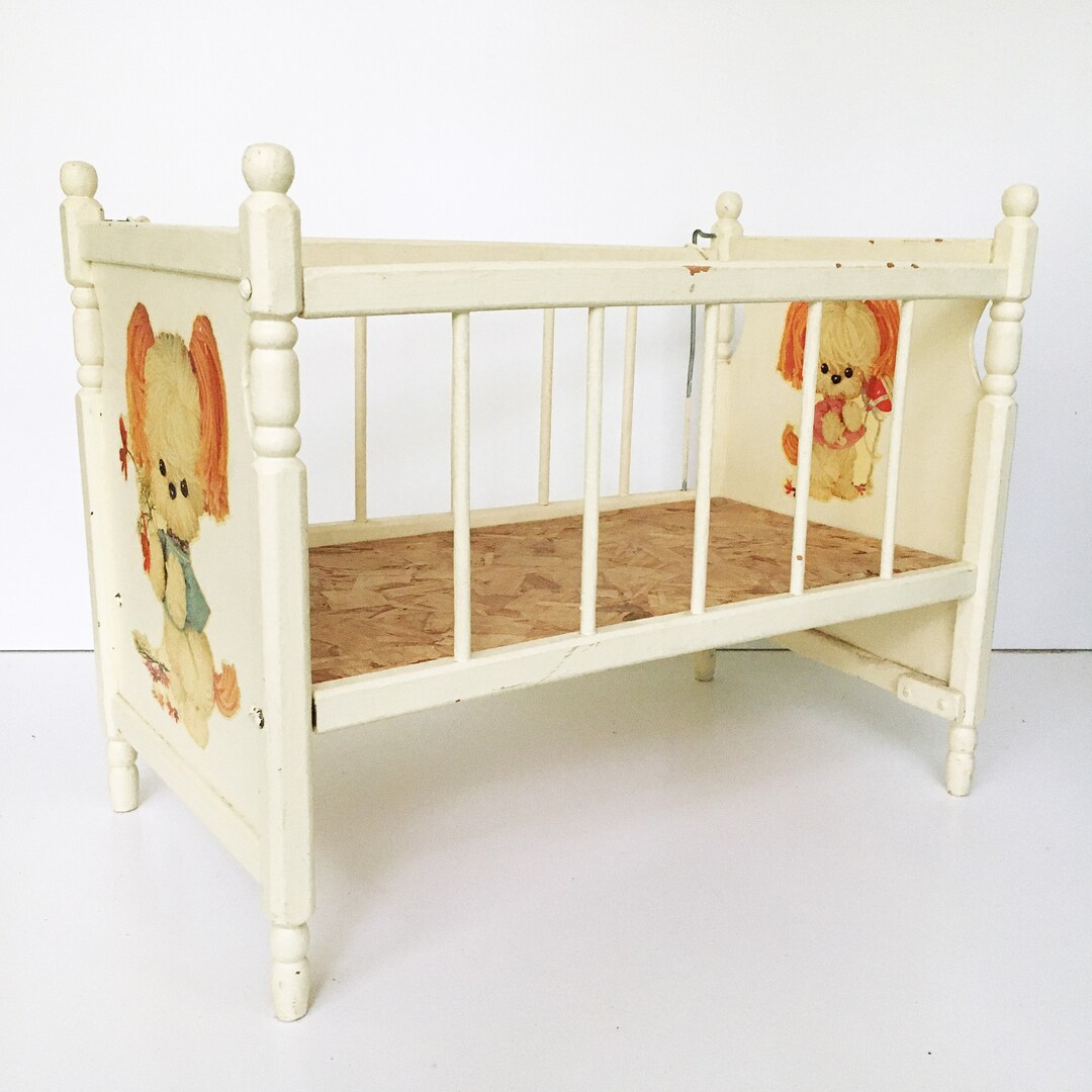 Wooden Doll Crib Drop Down Sides Cute Puppy Decal Mid Century Etsy