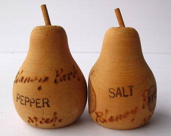 Vintage rustic wooden pear salt and pepper set souvenir Blaney Park Michigan collectible Mid Century