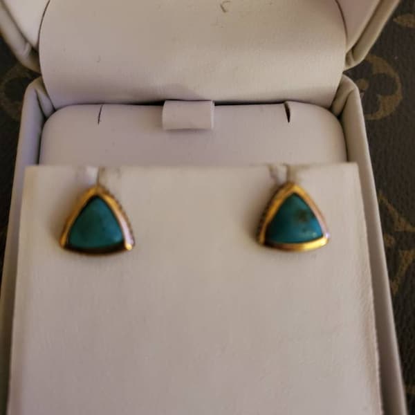 Barse Thailand 925 Gold over Sterling Turquoise Triangular Shaped Earrings