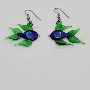 Murano Glass Art Glass Green And Blue Zebrafish Earrings
