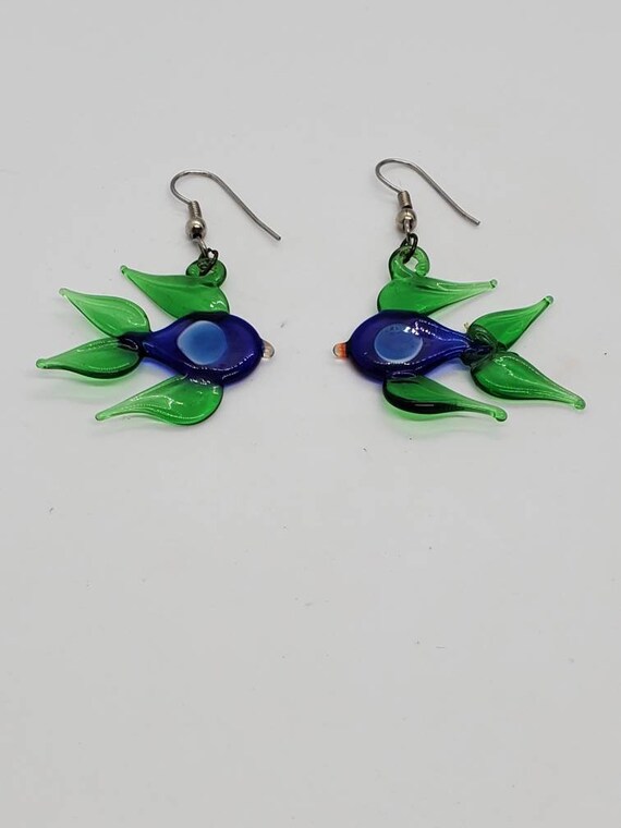 Murano Glass Art Glass Green And Blue Zebrafish Earrings