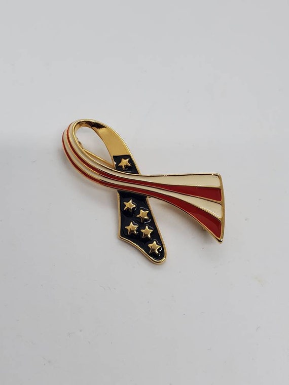 Darlene Enamel Gold Tone American Flag Ribbon Pin… - image 1