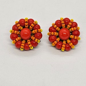 Miriam Haskell Coral Colored Glass Button Clip On Earrings