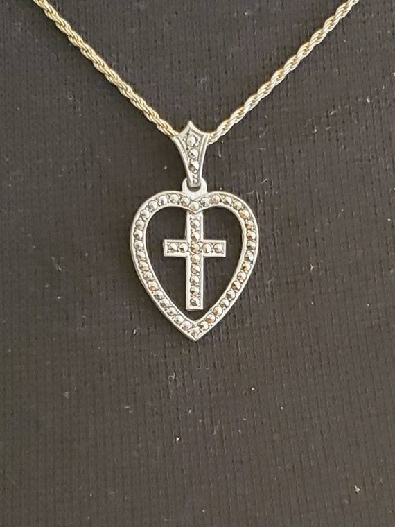 Marcasite And Sterling Silver Open Heart Cross Nec