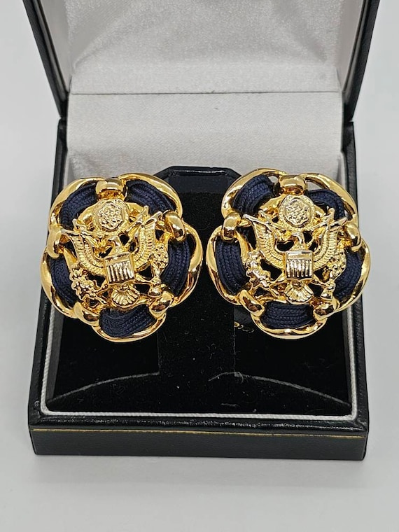 Ellen Designs Eagle Shield Ribbon Gold Tone Clip On Earrings Signed 1980s