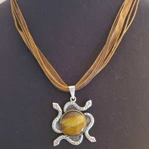 Taxco Tiger&#39;s Eye And Sterling Silver Serpent Pendant Necklace Signed