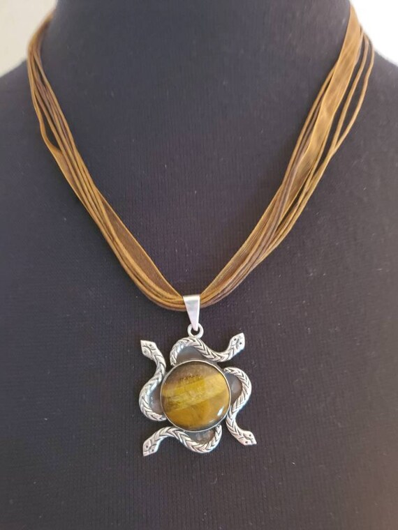 Taxco Tiger's Eye And Sterling Silver Serpent Pendant Necklace Signed