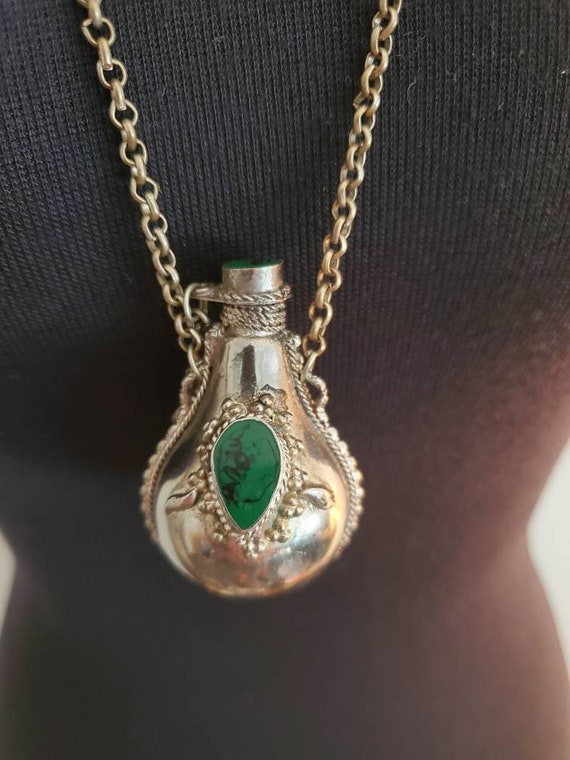 Old Chinese Silver Plated Copper And Malachite Ha… - image 1