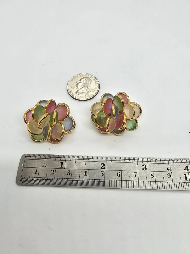 Cluster Ruller Swarovski Cluster AB Clip Earrings Pink Green and Blue Signed VERY RARE ...