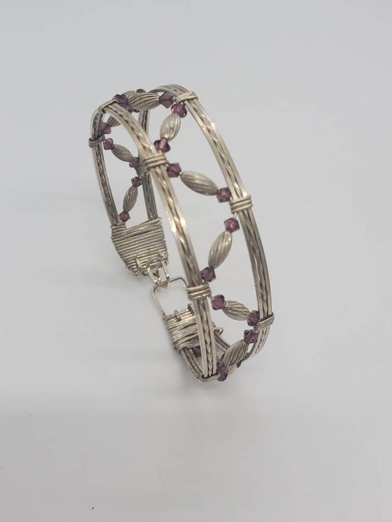 Vintage Sterling Silver And Amethyst Bead Hinged … - image 2