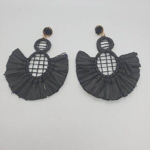 Boho Chic Black Freesia Raffia Tassel Earrings