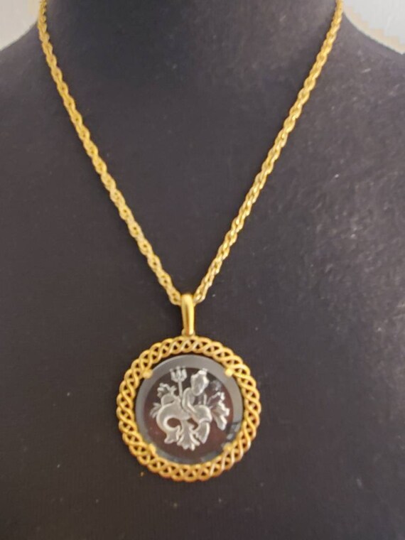 Crown Trifari Gold Tone Neptune Intaglio Pisces Mermaid Merman Glass Pendant Necklace Signed View 4