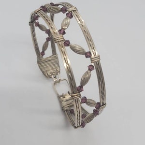 Vintage Sterling Silver And Amethyst Bead Hinged Cuff Bracelet
