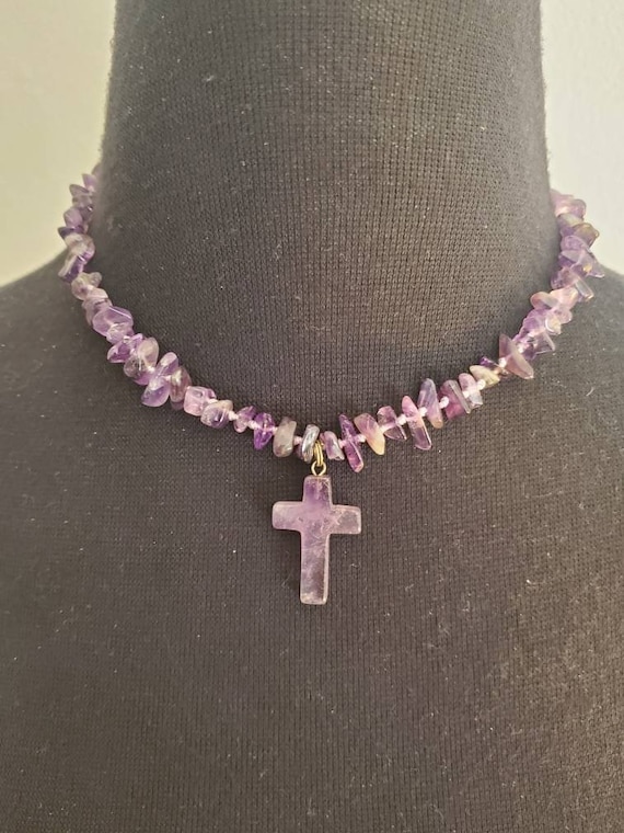 Amethyst Rock Crystal Cross Pendant Choker Necklac