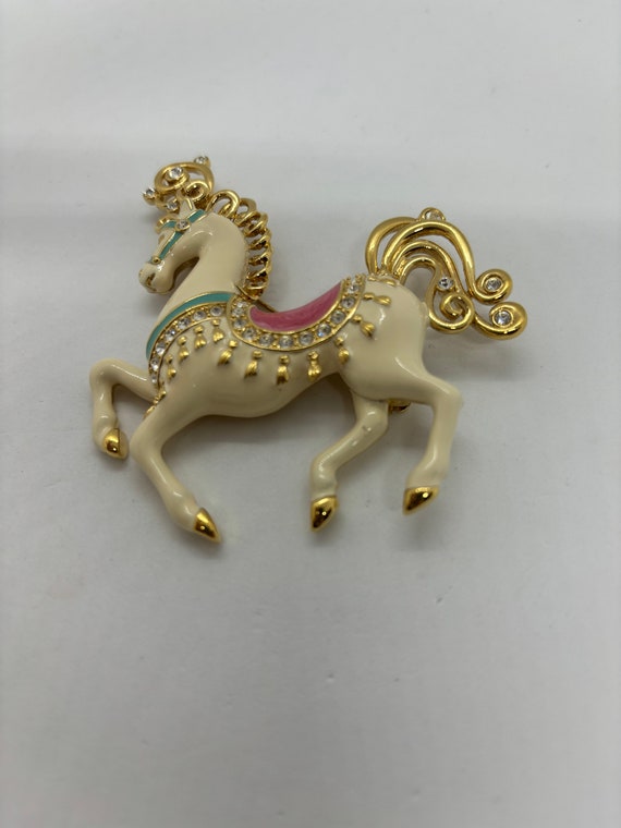 Bob Mackie White Enamel Rhinestone Carousel Horse Brooch