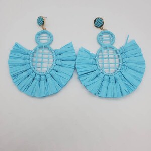 Boho Chic Turquoise Freesia Raffia Tassel Earrings