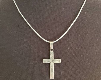 Antique Sterling Silver Engraved Cross Pendant With Attached Bell On 19 Inch Gray Leather Cord