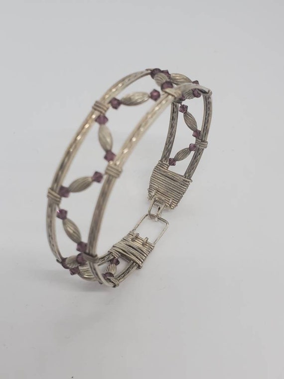 Vintage Sterling Silver And Amethyst Bead Hinged … - image 4