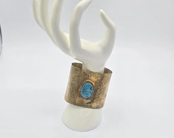 Turquoise And Hammered Brass 1950s Wide Cuff Bracelet