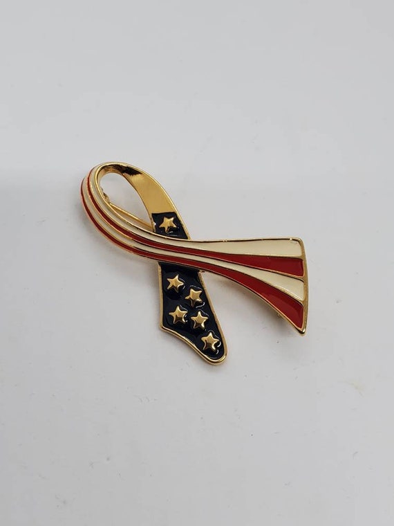 Darlene Enamel Gold Tone American Flag Ribbon Pin… - image 2