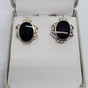 Antique Onyx and Sterling Silver with Filigree Detail Earrings