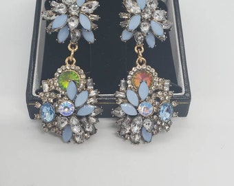 Vintage Style Blue Glass Rhinestone And Aurora Borealis Cluster Drop Earrings