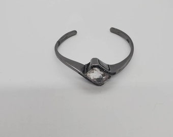 Deb Guyot White Quartz and Black Pave Diamond Cut Quartz Smoked Sterling Silver Bangle Bracelet
