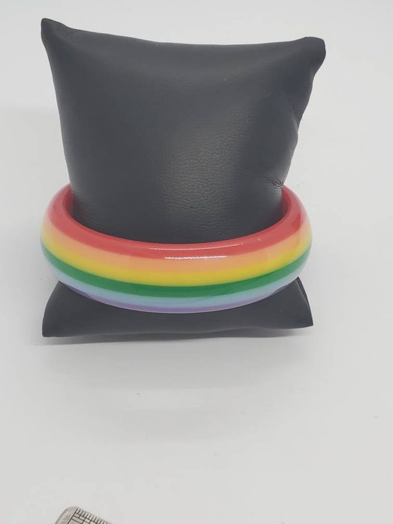 Vintage Rainbow Striped Plastic Layered Bangle Br… - image 7