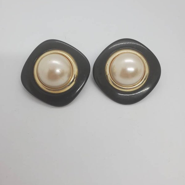 Vintage 1980s Very Large Faux Pearl Marvella Clip On Gold Tone Earrings