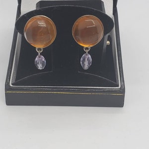 Givenchy Amber Resin And Lavender Glass Silver Tone Clip On Earrings Very Rare Signed