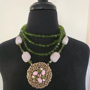 Sarah Coventry Vintage Green And Pink Multi Strand Glass Bead Necklace With Pendant Signed