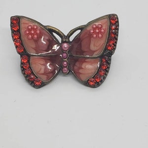 Vintage Red Rhinestone and Pink Enamel Butterfly Brooch