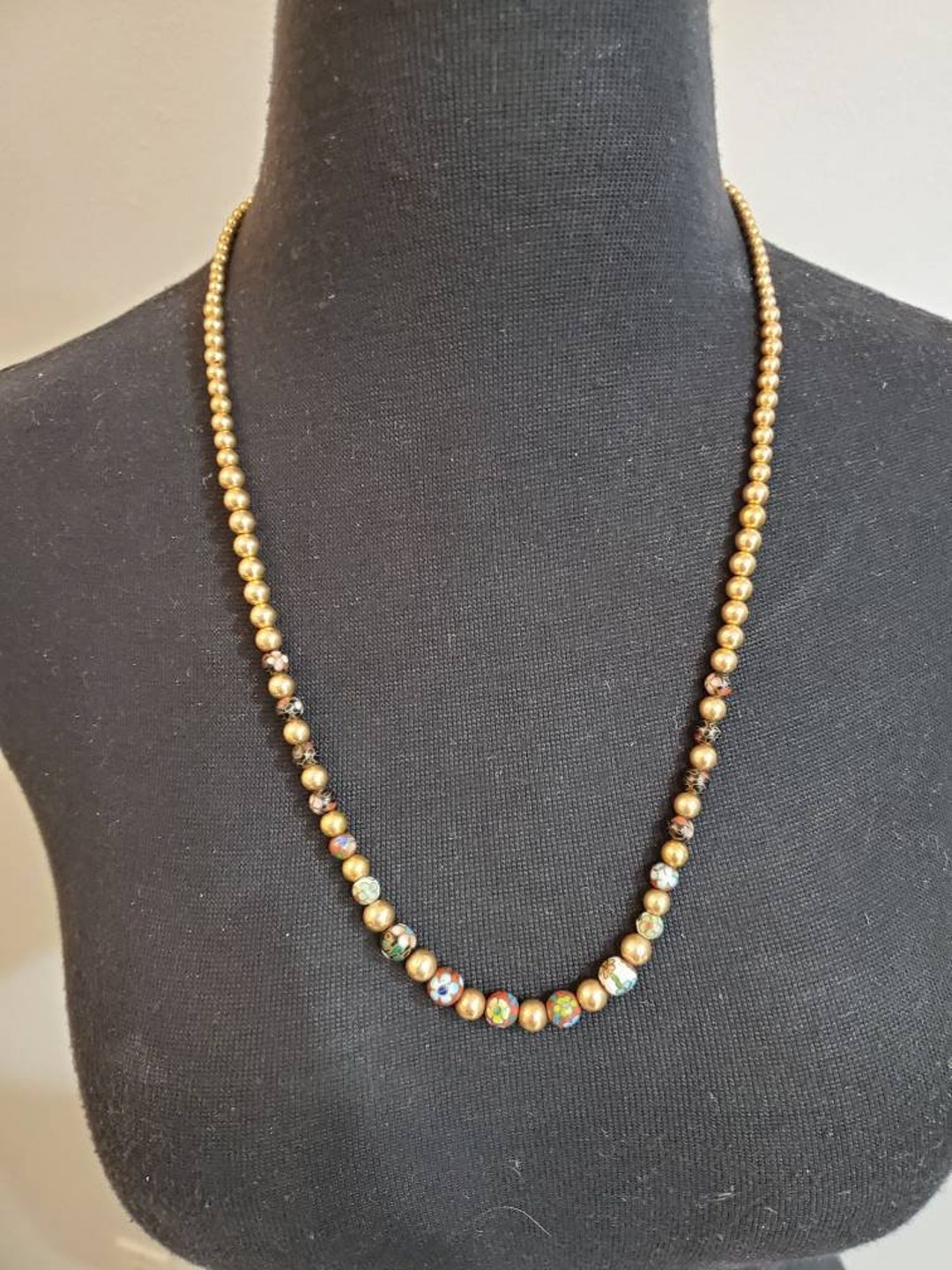 Vintage Graduated 14kt Yellow Gold and Cloisonne Add A Bead Necklace