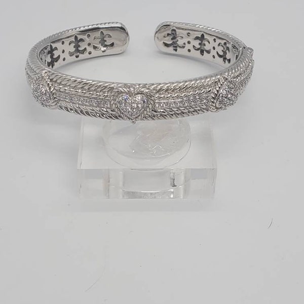 Judith Ripka Sterling Silver Cubic Zirconia Stones Hearts Open Cuff Bracelet