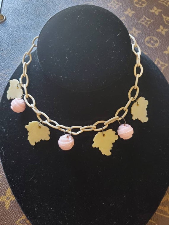 Celluloid Charm Choker Necklace With Rose And Leaf
