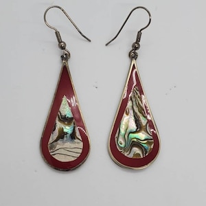 PACA Alpaca Red Jasper Mother Of Pearl and Sterling Silver Vintage Earrings Signed