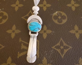 Navajo DDS Sterling Silver Squash Blossom and Turquoise Brooch Pin