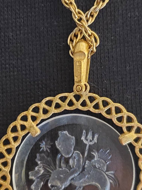Crown Trifari Gold Tone Neptune Intaglio Pisces Mermaid Merman Glass Pendant Necklace Signed View 6