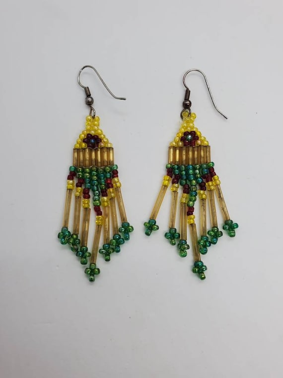 Vintage Handmade Bugle Bead Navajo Theme Earrings Gem