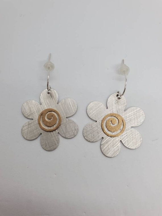 Daisy Flower Aluminum And Brass Contemporary Earr… - image 2