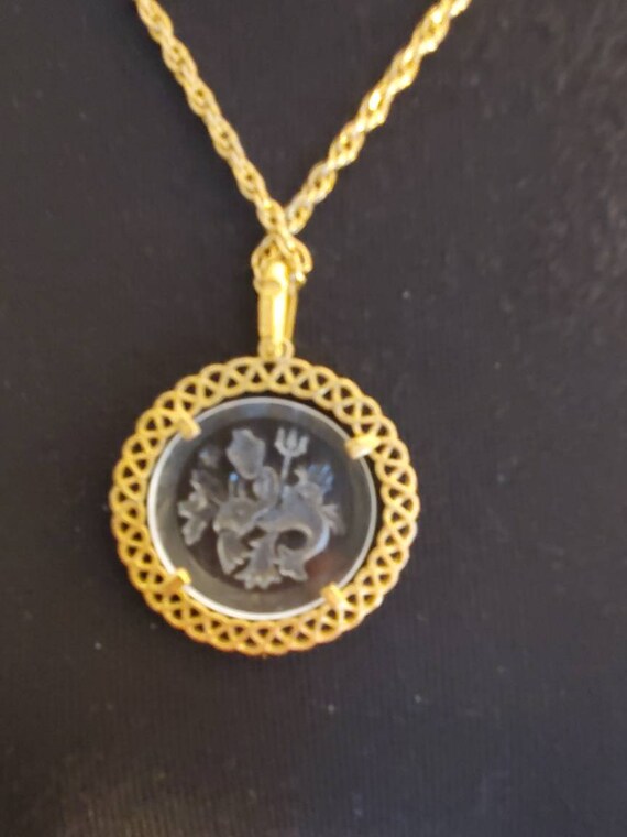 Crown Trifari Gold Tone Neptune Intaglio Pisces Mermaid Merman Glass Pendant Necklace Signed View 5