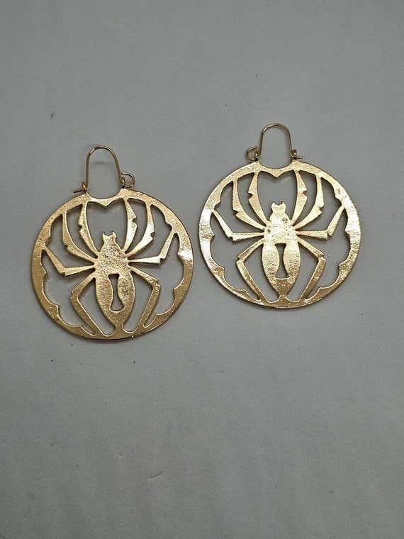 Spider Gold Tone Hoop Earrings Vintage Style - image 1