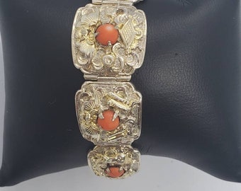 Antique Chinese Natural Red Coral Cabochons And Vermeil Pure Silver .999 Filigree Bracelet