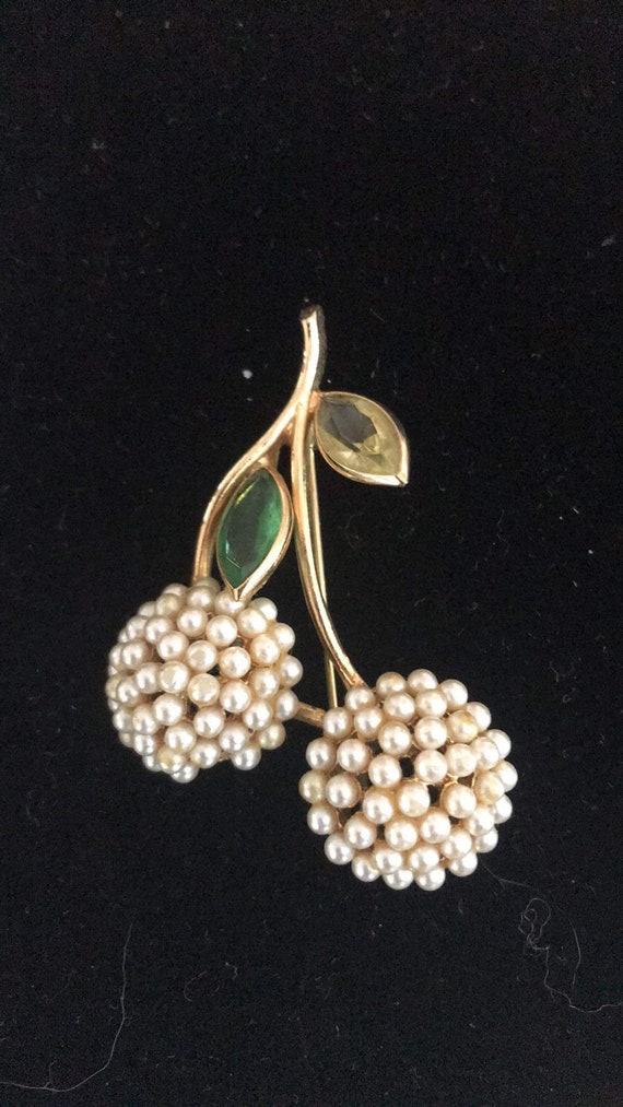 Vintage Goldtone Pearl Cherries Brooch - image 1