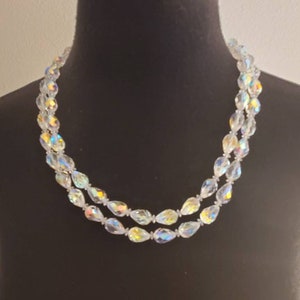 Aurora Borealis Double Strand White Crystal Vintage 22 Inch Necklace