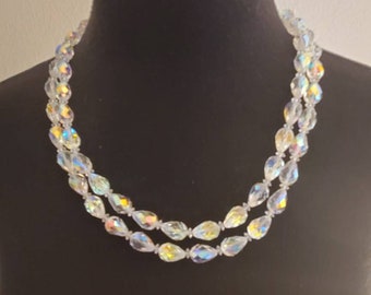 Aurora Borealis Double Strand White Crystal Vintage 22 Inch Necklace